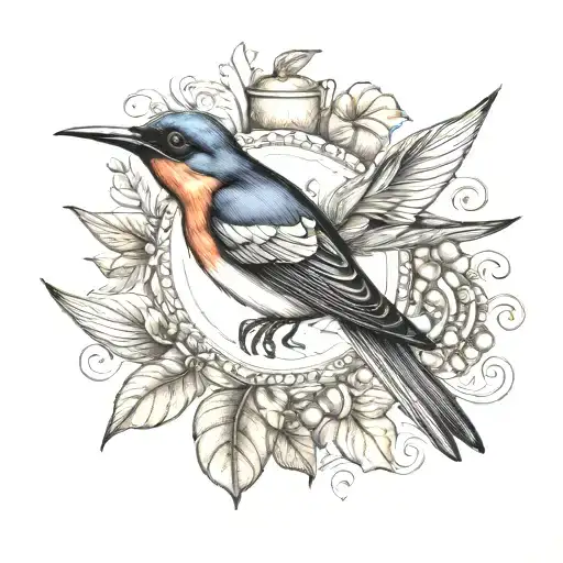 swallow bird, coffe beans and sheets, peb tattoo design idea