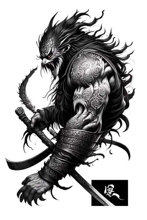 Full sleeve tattoo design, vertical arm sleeve composition, dark Japanese realism style,terrifying demonic samurai warr tattoo design idea