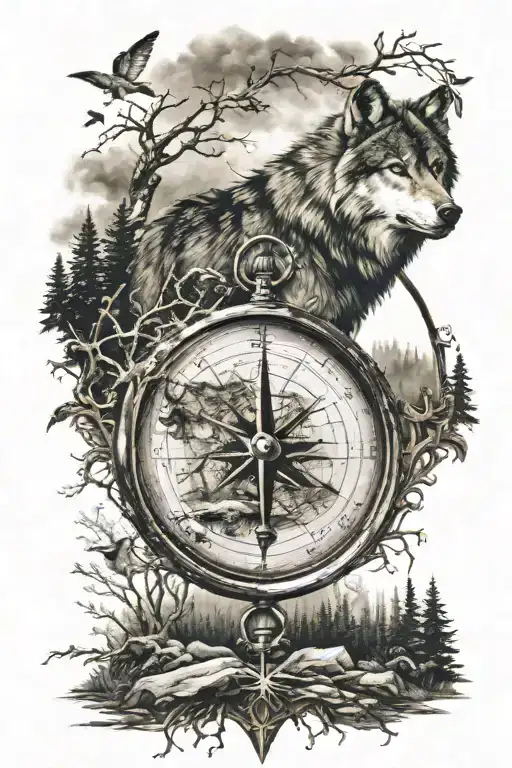 wolf forest landscape compass tattoo design idea