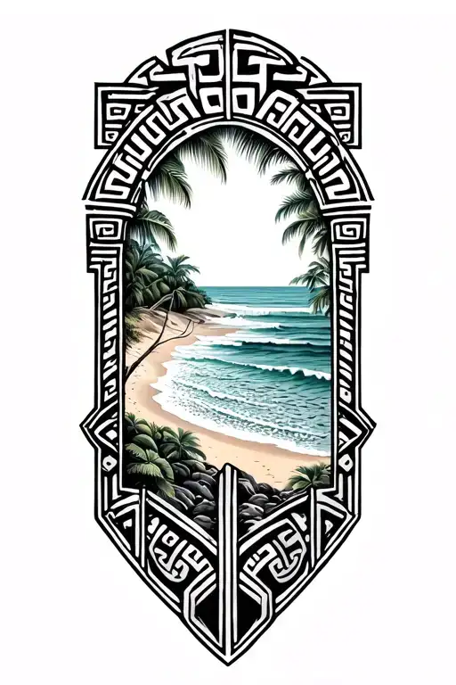   Greek key arm band worked into tribal tattoo with beach scene  tattoo design idea