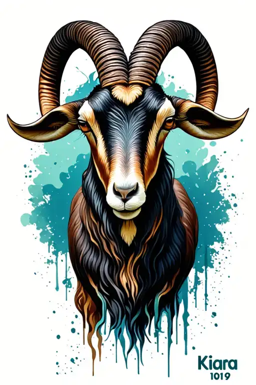 Capricorn goat with word Kiara and number 1019 tattoo design idea