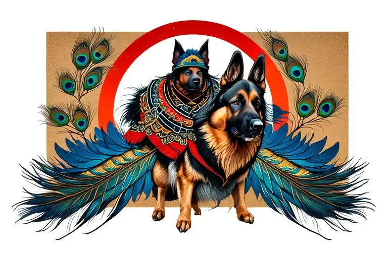 american warrior with peacock feathers and a german sheperd cowl tattoo design idea