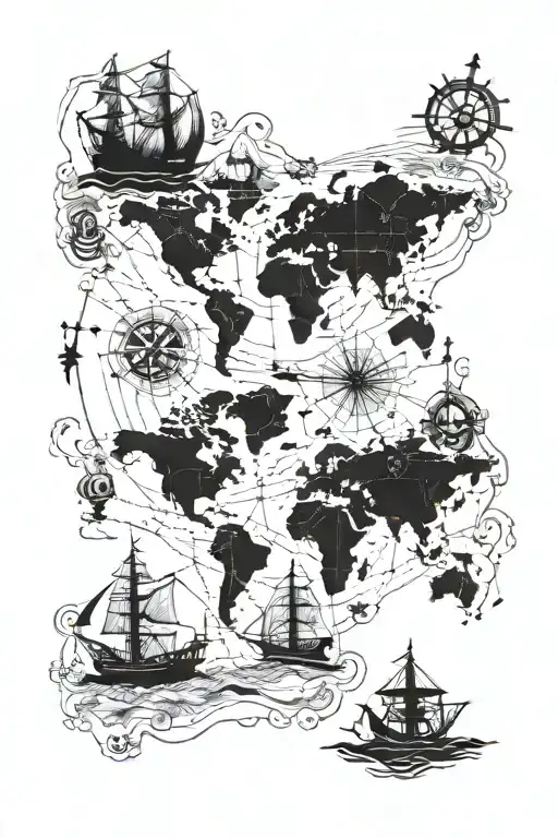 pirate map with landmarks, dotted lines, compass marks, drawings and notes, with nautical tools sitting on top the map tattoo design idea
