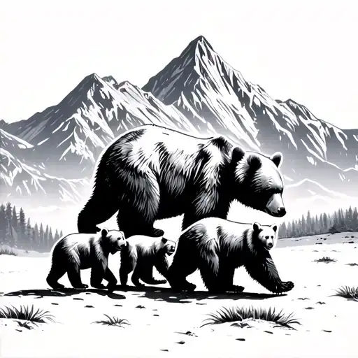 papa bear momma bear 2 cubs walking in front of mountain  tattoo design idea