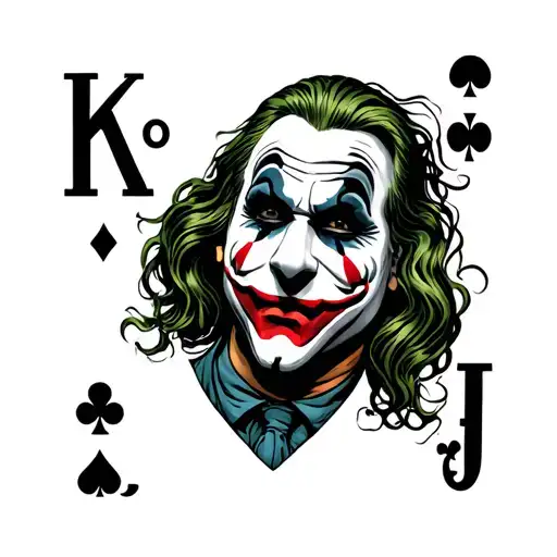 The Joker taking off a clown and mask mask has the figures of the poker letters tattoo design idea