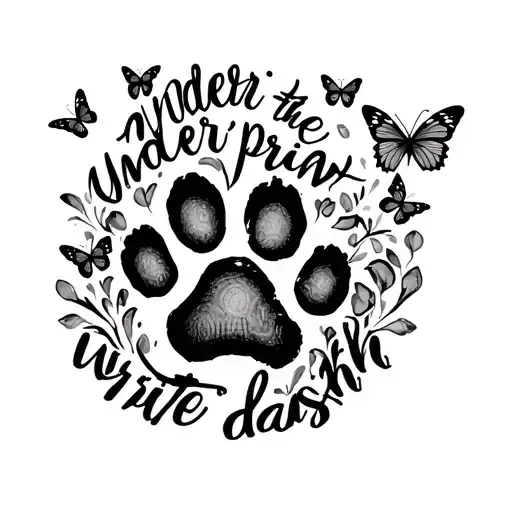 "Under the paw print write dash" cat paw print with butterflies surrounding it along with two thumb prints forming a heart tattoo design idea
