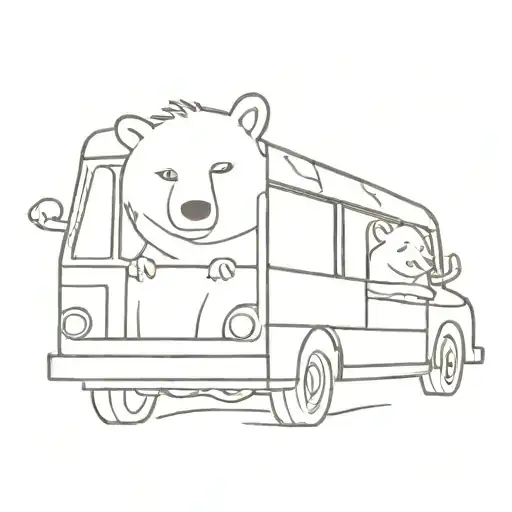 a bear and a cheetah sitting one behind the other, in a school bus. their heads stick out of the bus, they are happy tattoo design idea