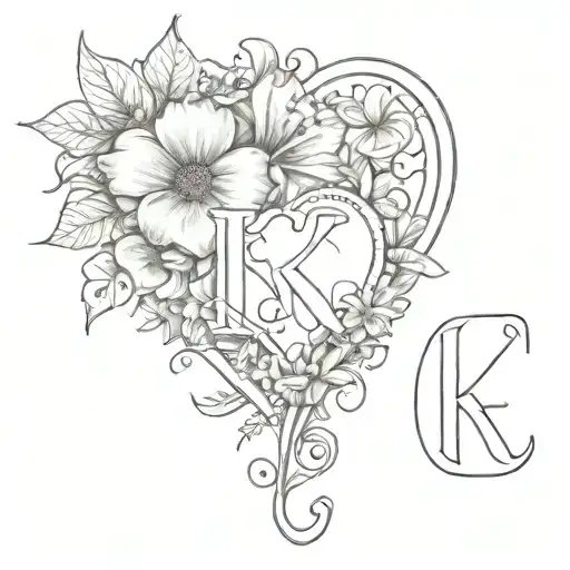 heart, flower, K letter tattoo design idea