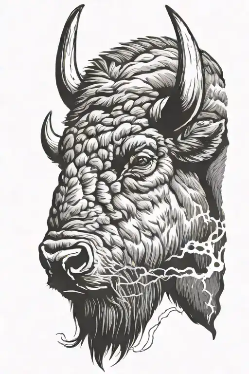 bison head surrounded by lightning tattoo design idea