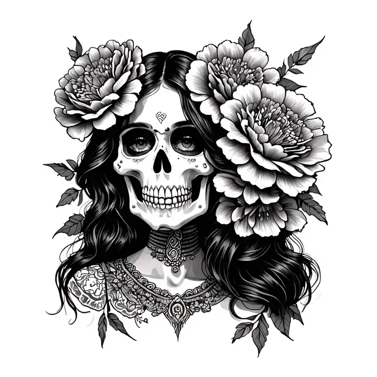 Mexican skeleton woman with carnations tattoo design idea