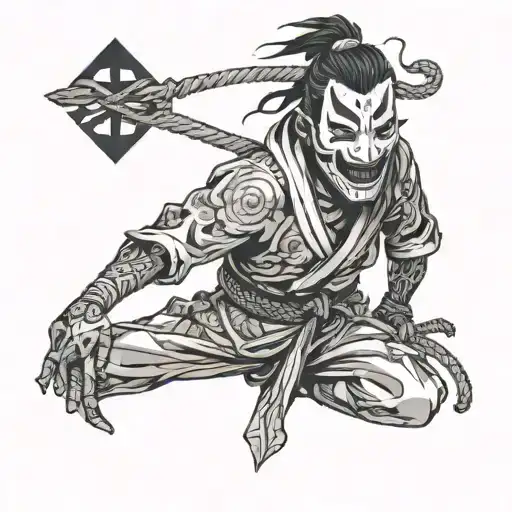Full-length drawing of a guy in Japanese style with a broken Kirune mask on his face, holding a rope with shurikens in his hands, sketch in black tattoo design idea