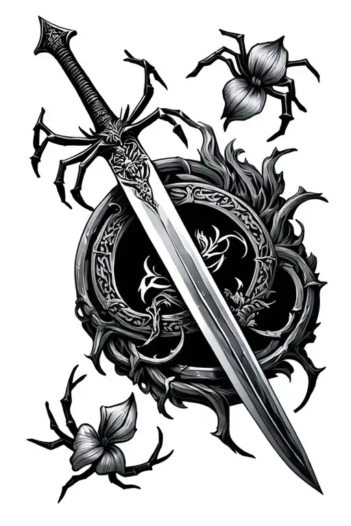 Tanjiros 300 year Sword with rengokus sword guard from demonslayer in Black and White, with spider lillys around it  tattoo design idea