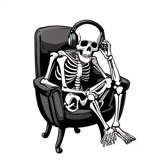 skeleton sitting on chair leaning forward listening to music on headphones, front/side pov cartoon tattoo design idea