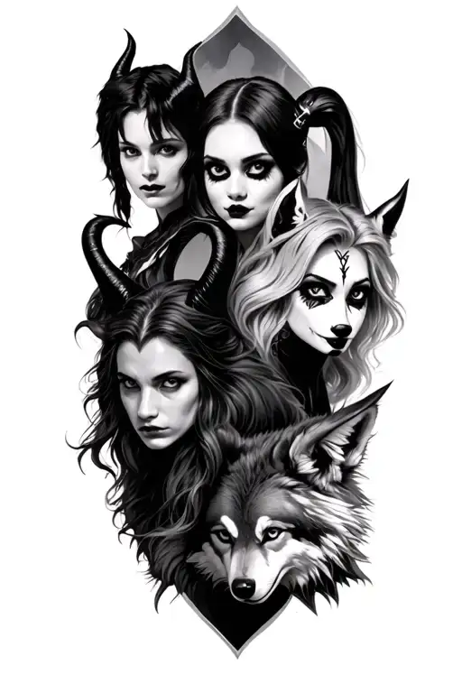 5 different images (Harry Potter, maleficent, Harley Quinn, and wolves) tattoo design idea