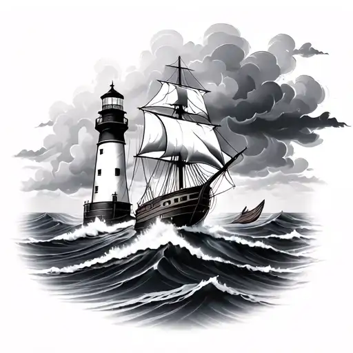 lighthouse, storm, ship sailing through a sea tattoo design idea