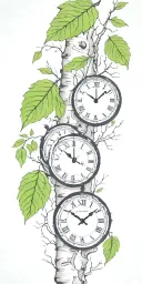 birch tree branches and green leaves with only 3 clocks integrated into it for an arm sleeve tattoo design idea