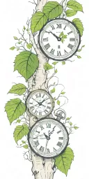 birch tree branches and green leaves with only 3 clocks integrated into it for an arm sleeve tattoo design idea