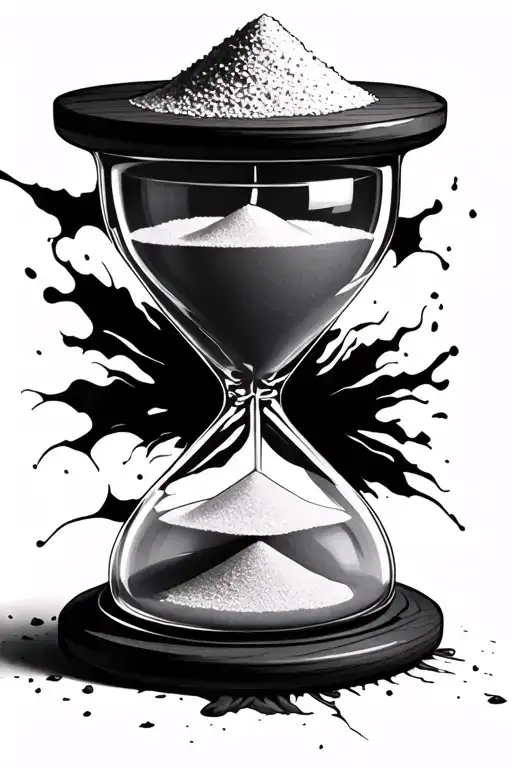 Hourglass with 3 stacked glass chambers: top full of sand, middle half full, bottom nearly empty. Fine detail, front vie tattoo design idea