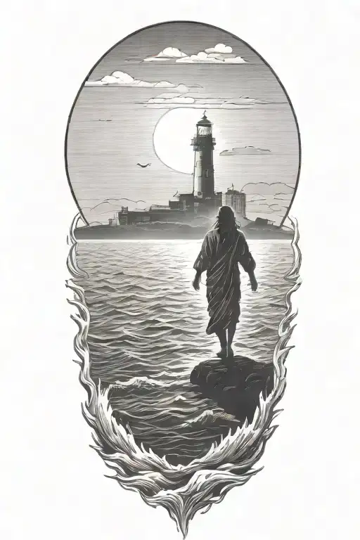 A Silhouette Of muscular Jesus Walking On Water towards a distant Lighthouse, realistic, veiw from the back,  tattoo design idea