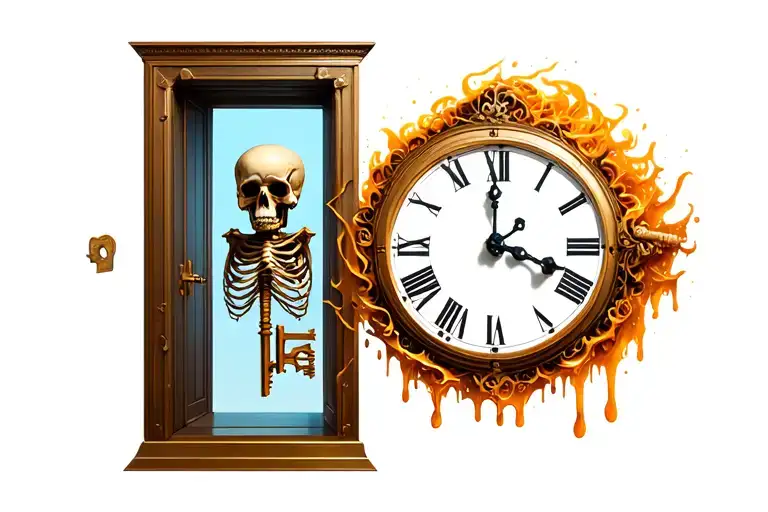 melting clock an skeleton key unlocking a door tattoo design idea