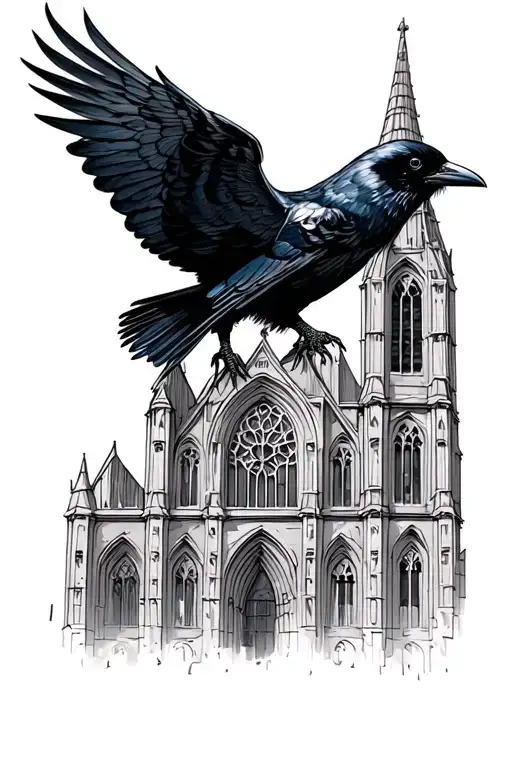 Crow in front of a Cathedral tattoo design idea