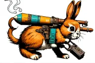 borderlands tiny Tina rabbit with rocket, and sawtooth canyon Grenacde smoking cigar and skeleton key tattoo design idea