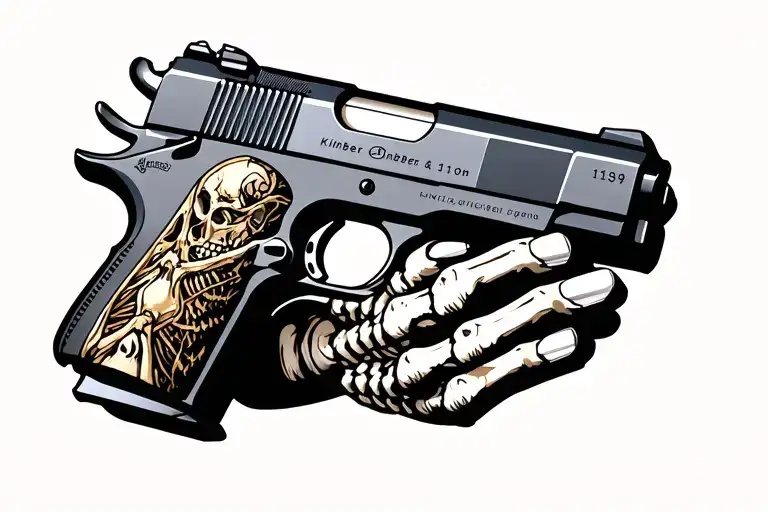 kimber 1911 gun with skeleton hand holding tattoo design idea