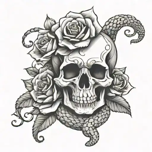 skull roses snake tattoo design idea