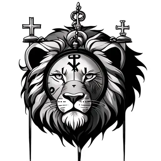 lion with clock behind it with cross on one eye tattoo design idea
