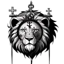 lion with clock behind it with cross on one eye tattoo design idea