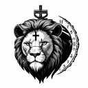 lion with clock behind it with cross on one eye tattoo design idea