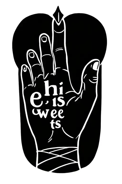 An outline of a hand with the outline created with the letters h i s w e e t s tattoo design idea