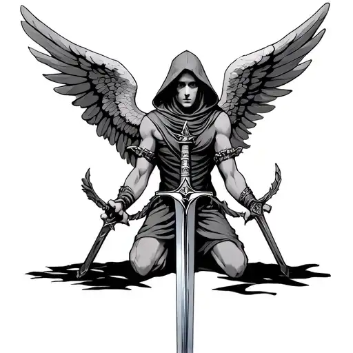 Archangel on one knees with a hood in the hands of the sword, the wings are omitted by the wings, strongly worn out at the edges, fly tattoo design idea