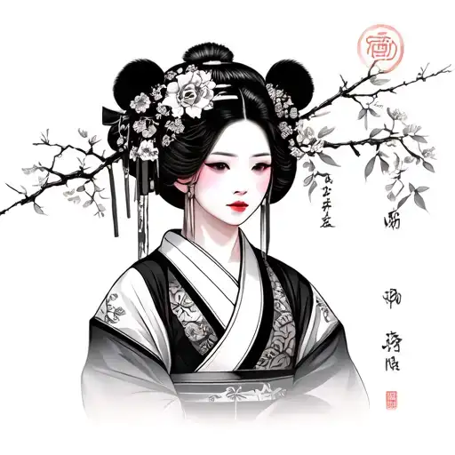beautiful japanese woman in traditional clothes and a panda tattoo design idea