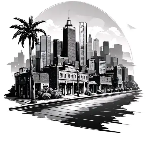 brick city and palm trees  tattoo design idea