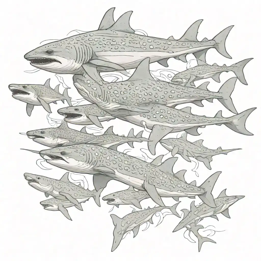 whale shark, hammerhead shark, nurse shark, with shadows tattoo design idea