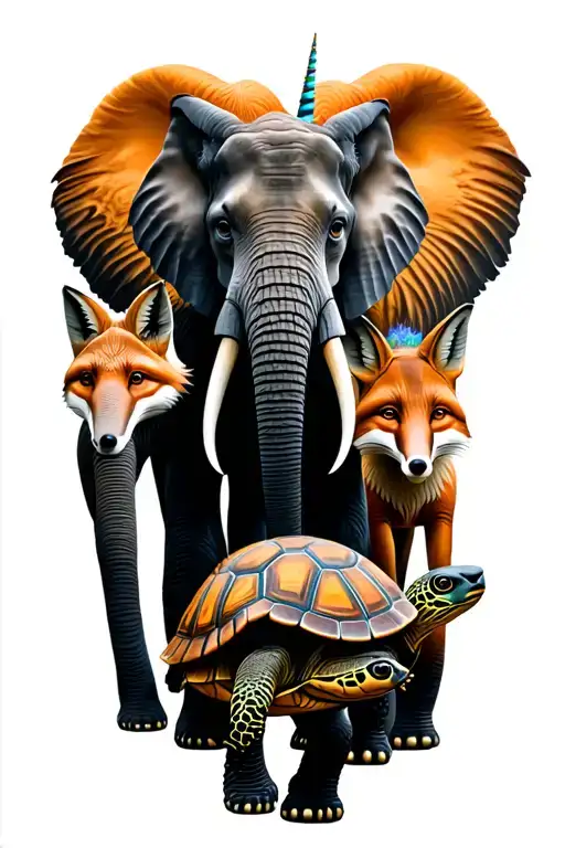 elephant, fox, turtle and unicorn walking in a row tattoo design idea