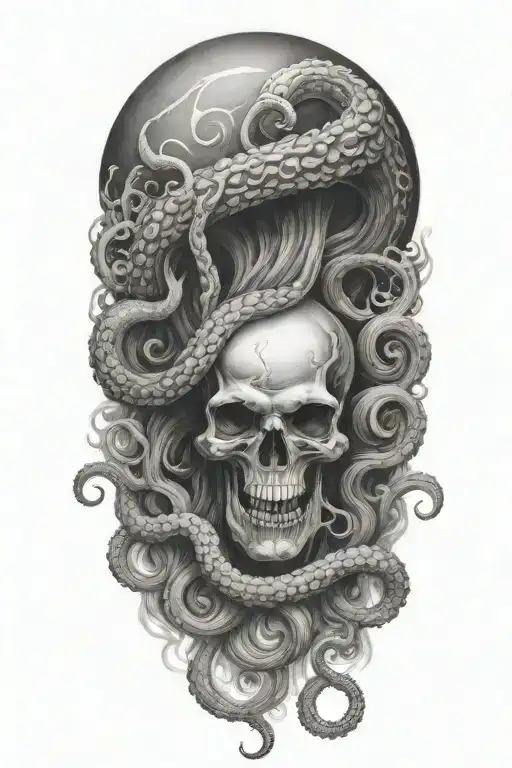 Create a detailed black-grey tattoo of a kraken engulfing a skull with tentacles tattoo design idea