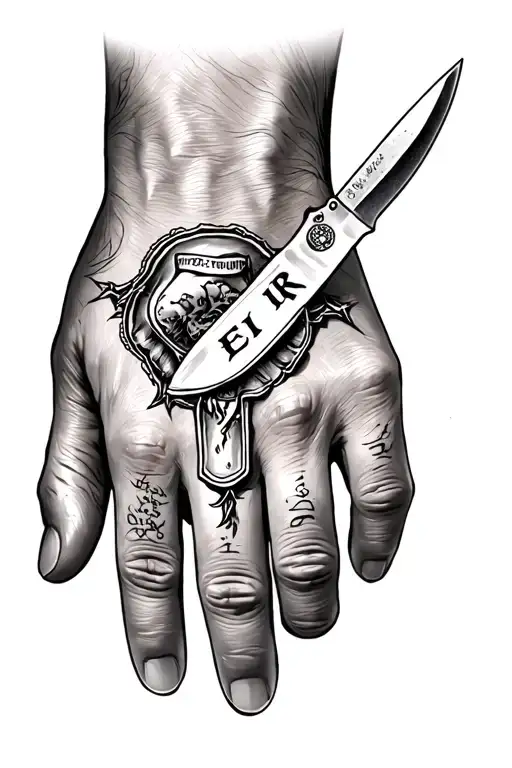 Tattoo on the hand of the hand is a large inscription Eir and a condom on which a hunting knife lies tattoo design idea