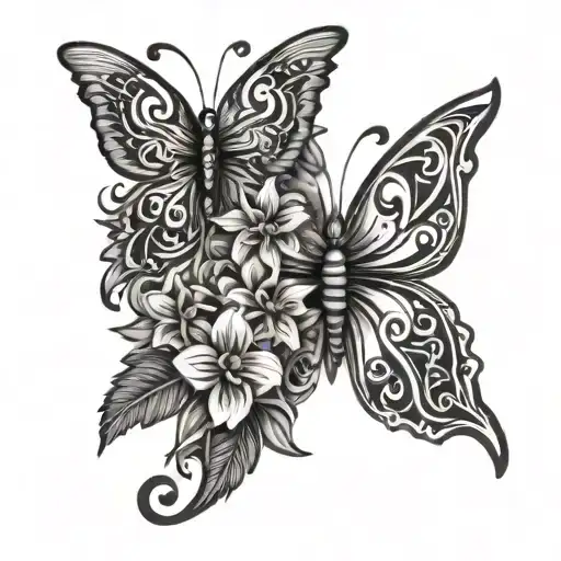 Haiti flower and tribal symbols intertwined wit butterflies tattoo design idea