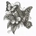 Haiti flower and tribal symbols intertwined wit butterflies tattoo design idea