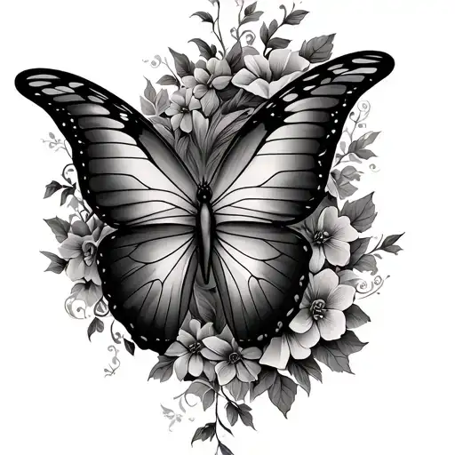 face covered half butterfly wings, background vines and flowers  tattoo design idea