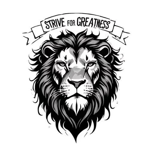 battled scarred lion face with it's hair spelling "STRIVE FOR GREATNESS" tattoo design idea
