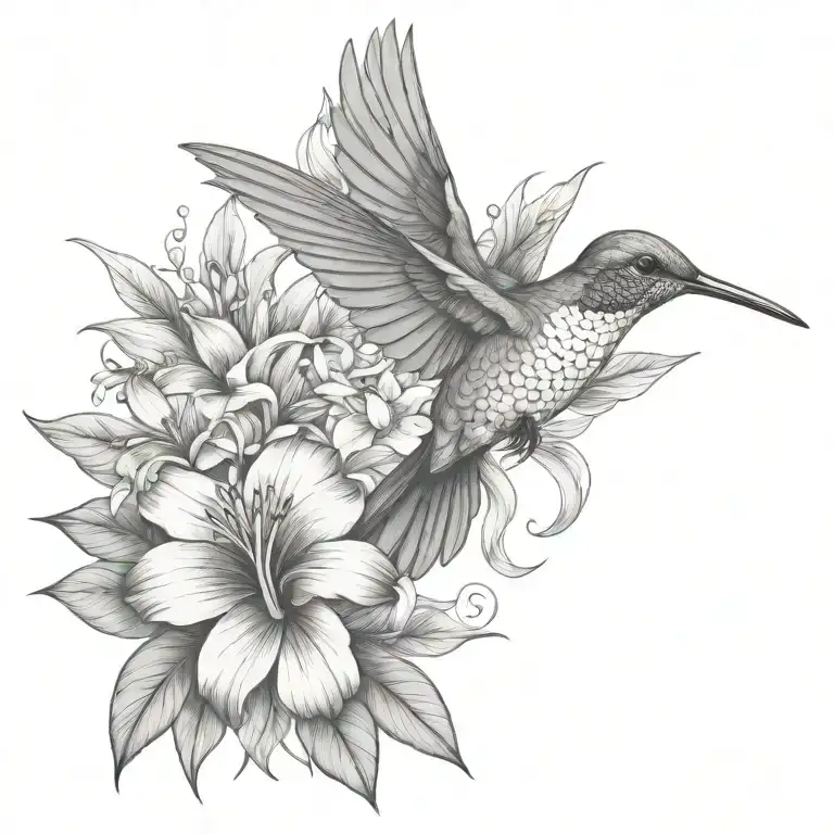 humming-bird tropical flowers and leaves tattoo design idea
