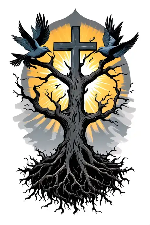 black poison tree with a cross and doves and sun rays shining  tattoo design idea