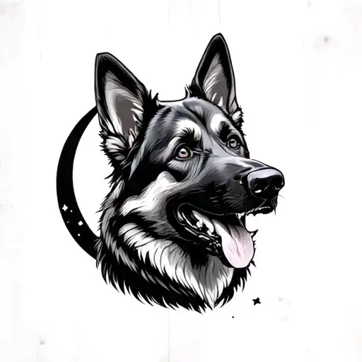Gray German Shepherd showing teeth, with a moon underneath tattoo design idea