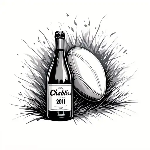 Bottle of Chablis with rugby ball in label and 2011. In one line. modern. tattoo design idea
