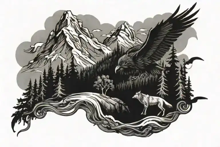 Mountain, Viking, Forest Landscape, Wolf, ravens flying tattoo design idea