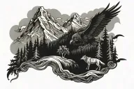 Mountain, Viking, Forest Landscape, Wolf, ravens flying tattoo design idea