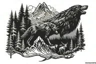 Mountain, Viking, Forest Landscape, Wolf, ravens flying tattoo design idea